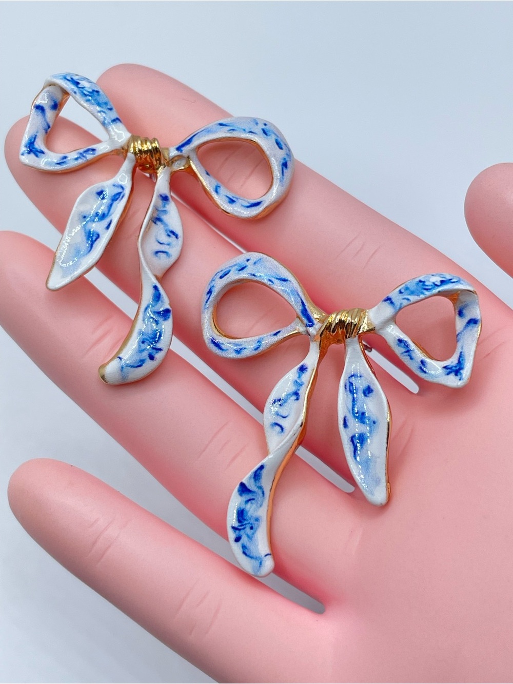 Hand Painted Porcelain Blue And White Floral Bow Earrings Gold Boho Cottagecore